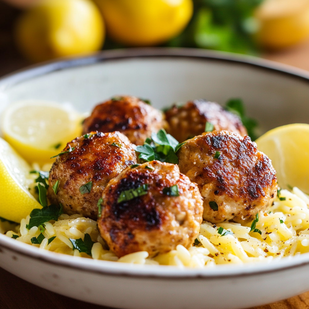 Greek Chicken Meatballs with Lemon Orzo