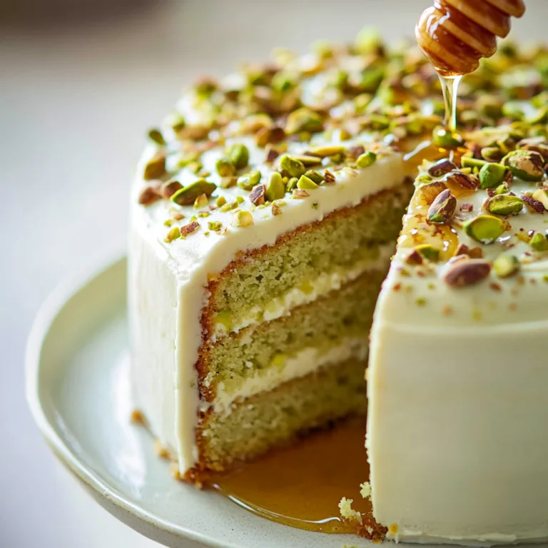 Indulge in Pistachio Bliss Cake with Dripping Honey