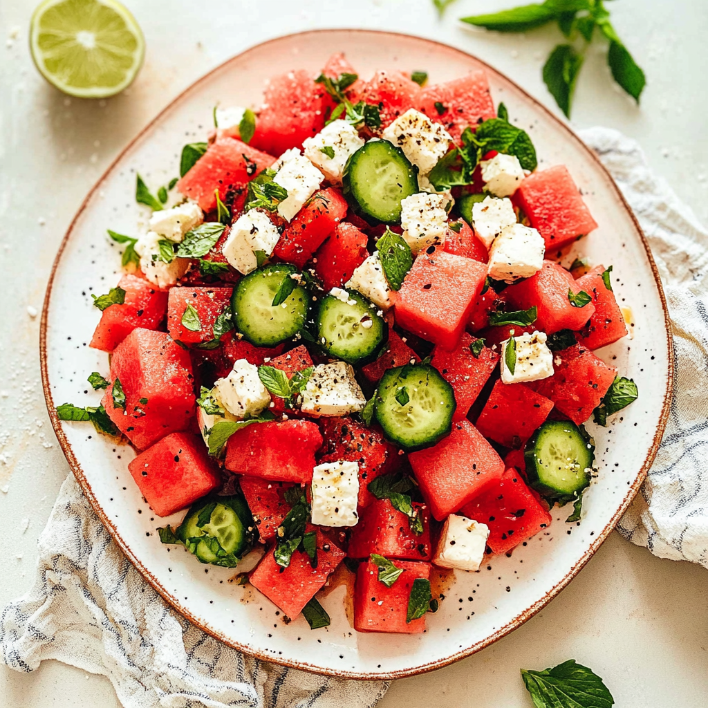 Recipe preparation for Watermelon Salad with Whipped Feta