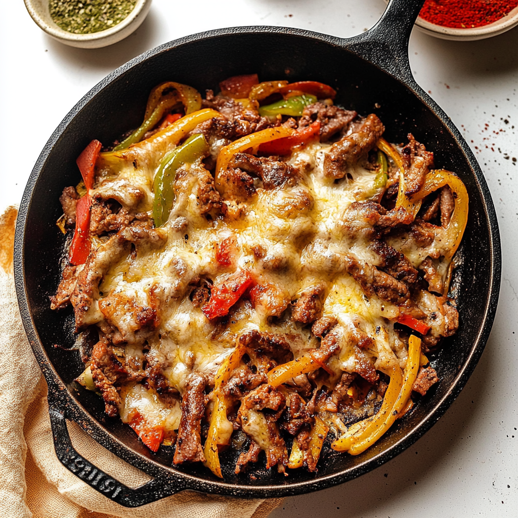 Recipe preparation for Zesty Philly Cheesesteak Skillet
