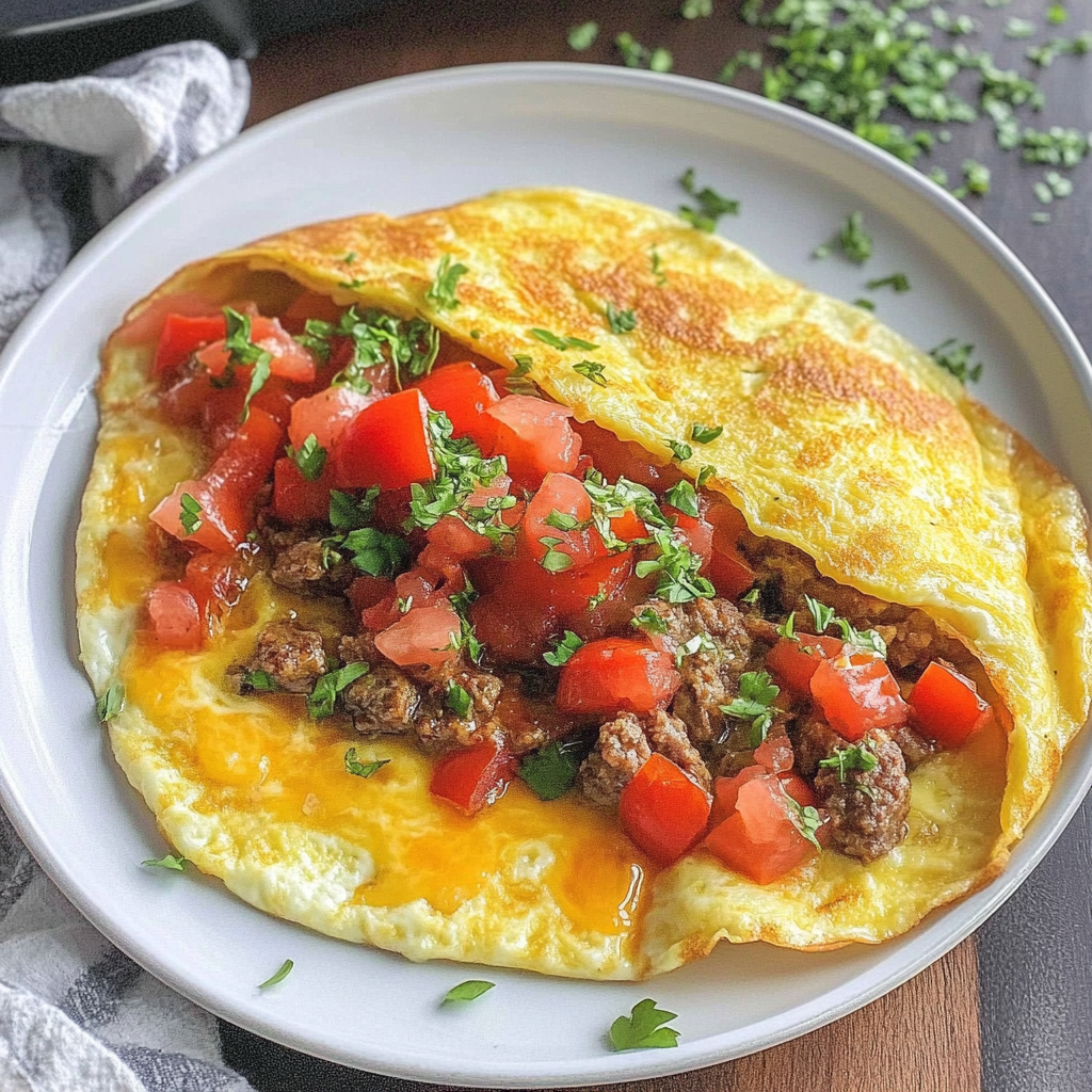 Recipe preparation for Sausage Tomato Cheese Omelet
