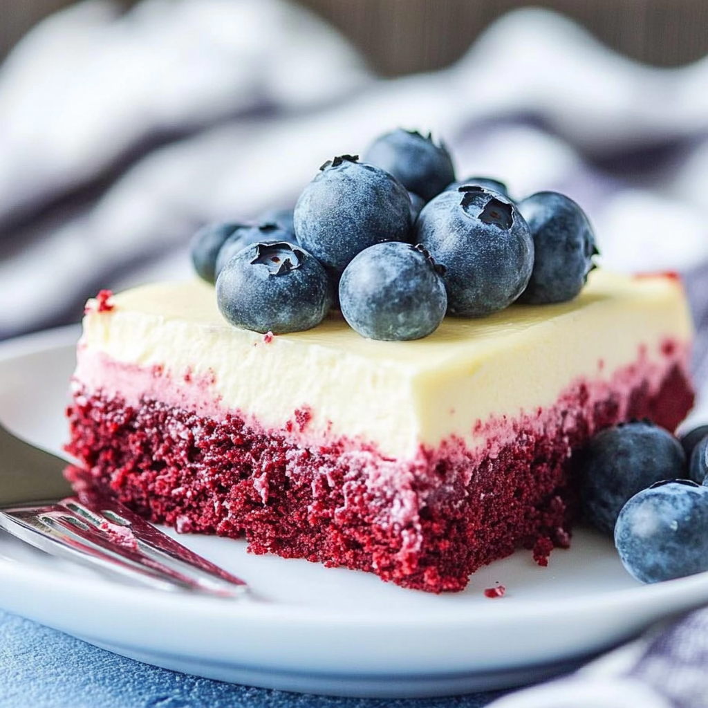 Recipe preparation for Fourth of July Red Velvet Cheesecake Bars