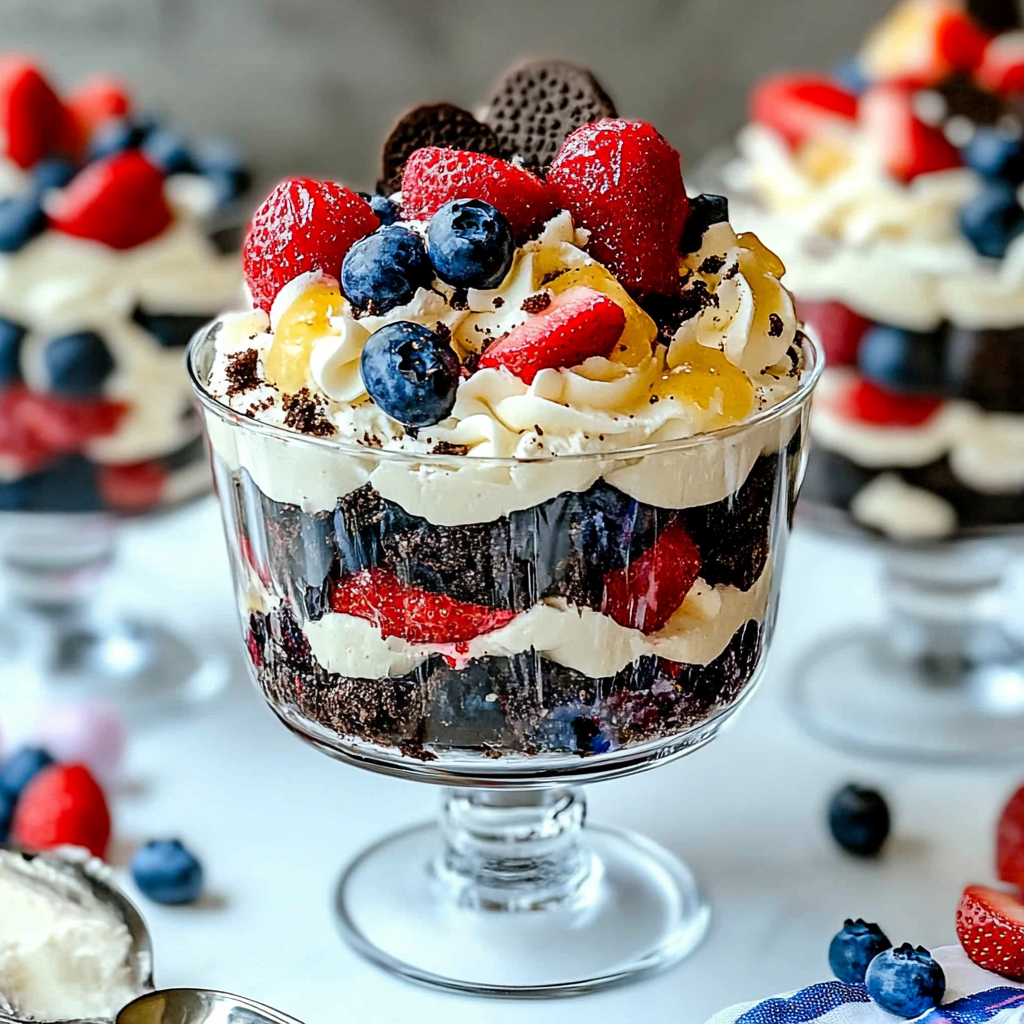 Recipe preparation for Oreo Trifle with Blueberries and Strawberries