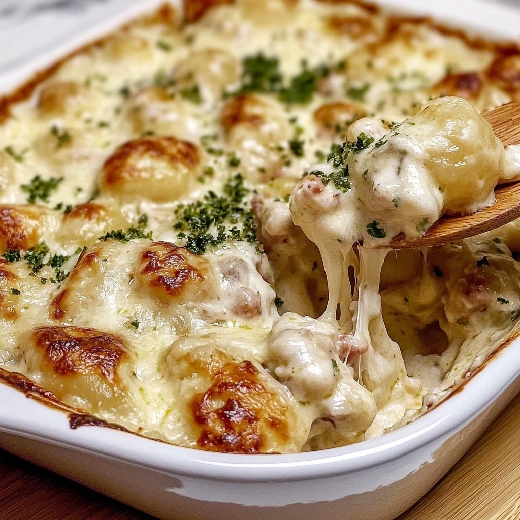 Recipe preparation for Chicken Gnocchi Alfredo Bake