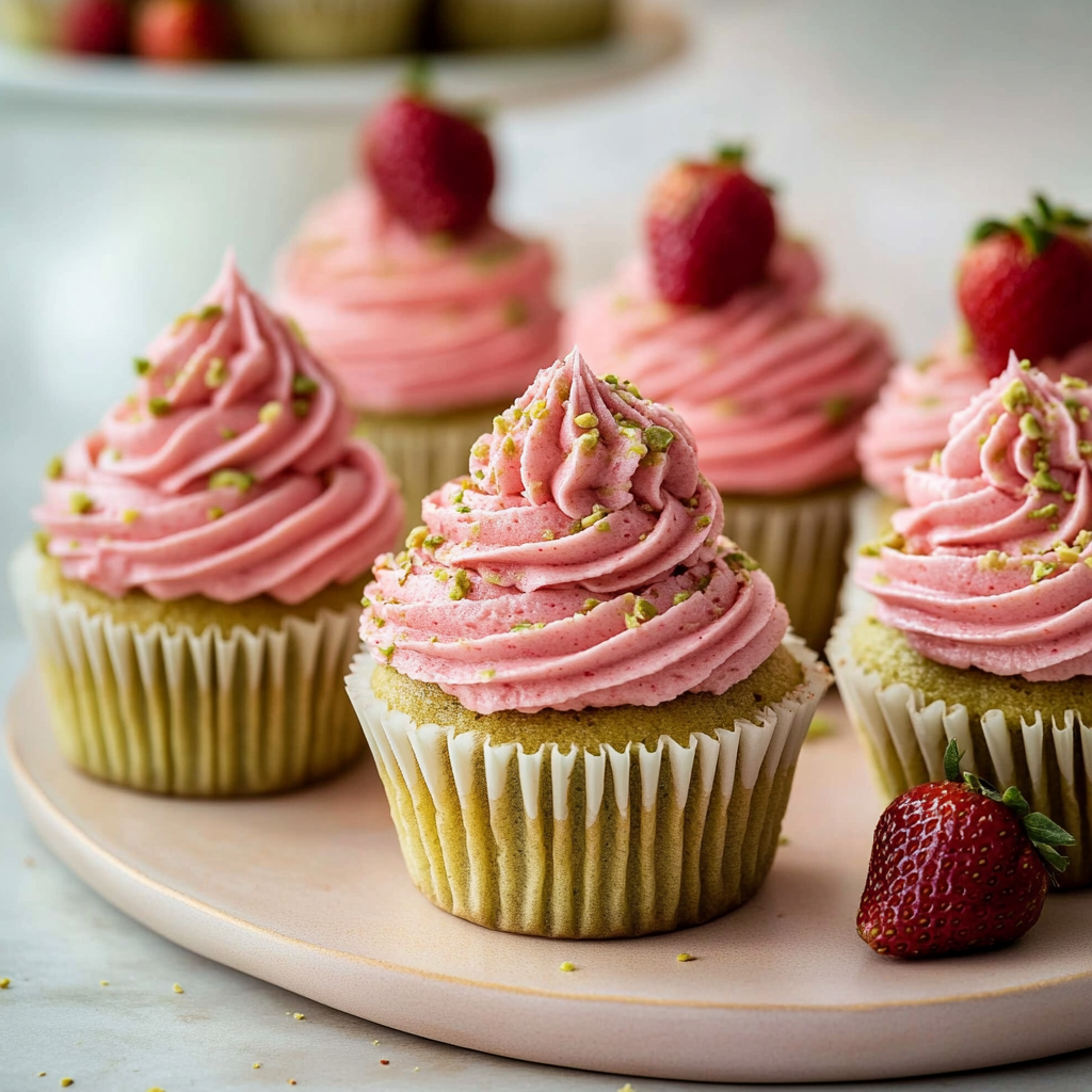 Recipe preparation for Pistachio Cupcakes with Strawberry Buttercream