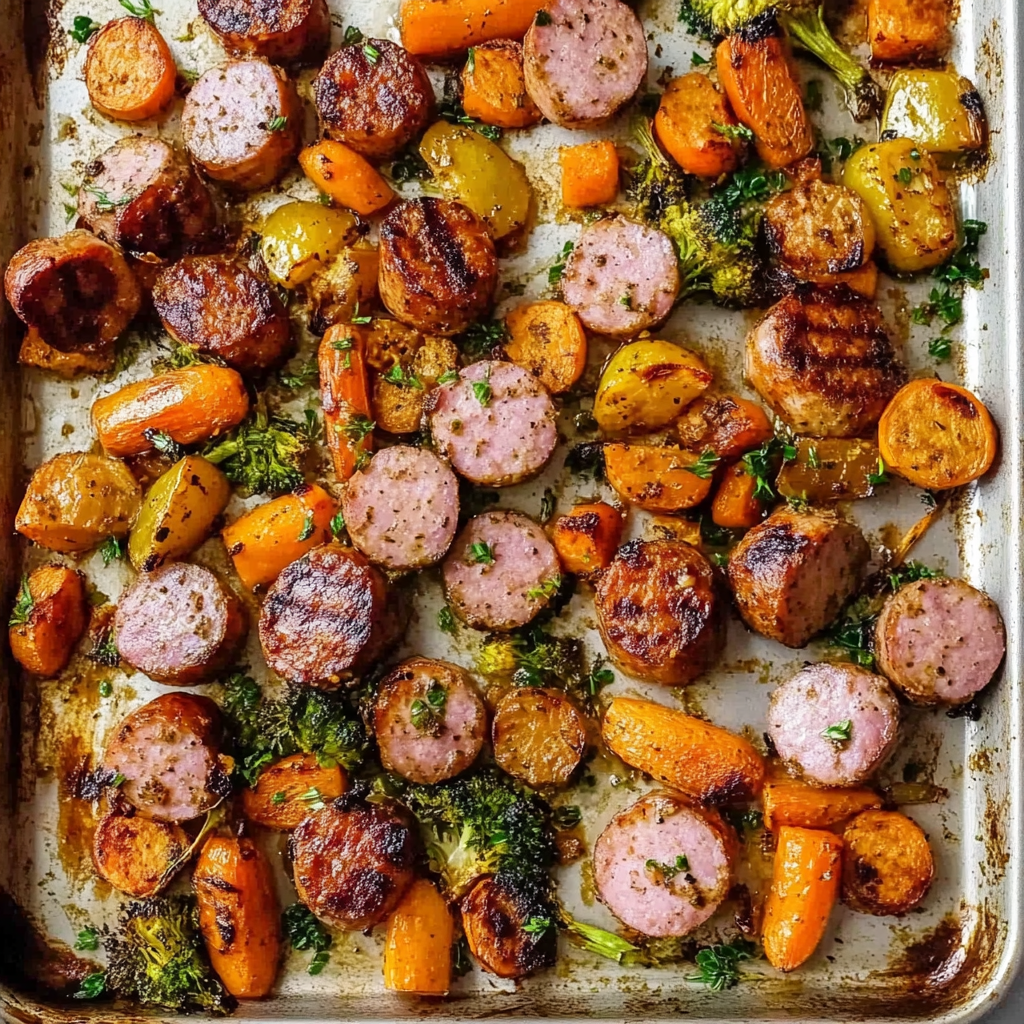 Recipe preparation for Sheet-Pan Maple-Dijon Sausage and Fall Veggies