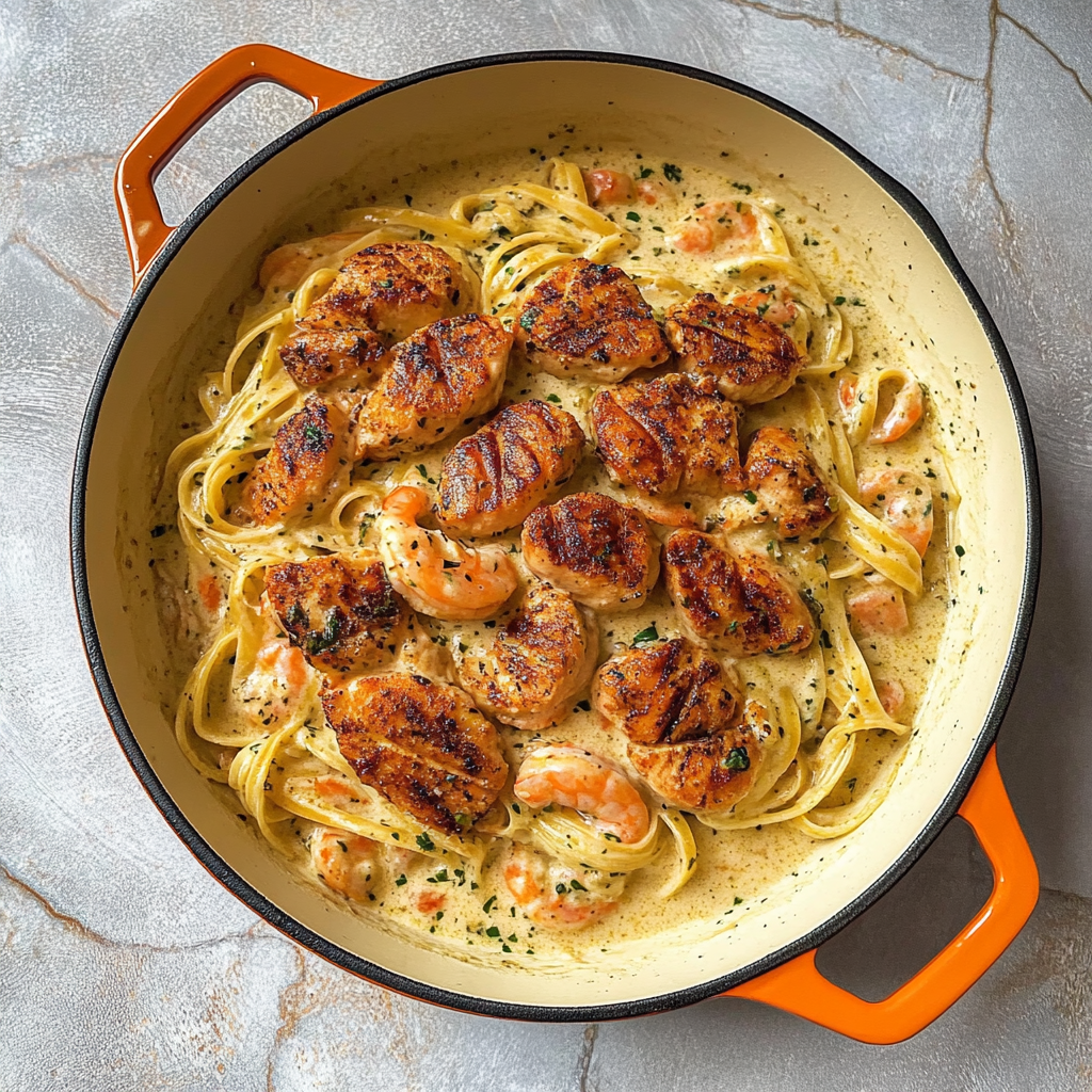 Recipe preparation for Alfredo pasta with chicken and shrimp