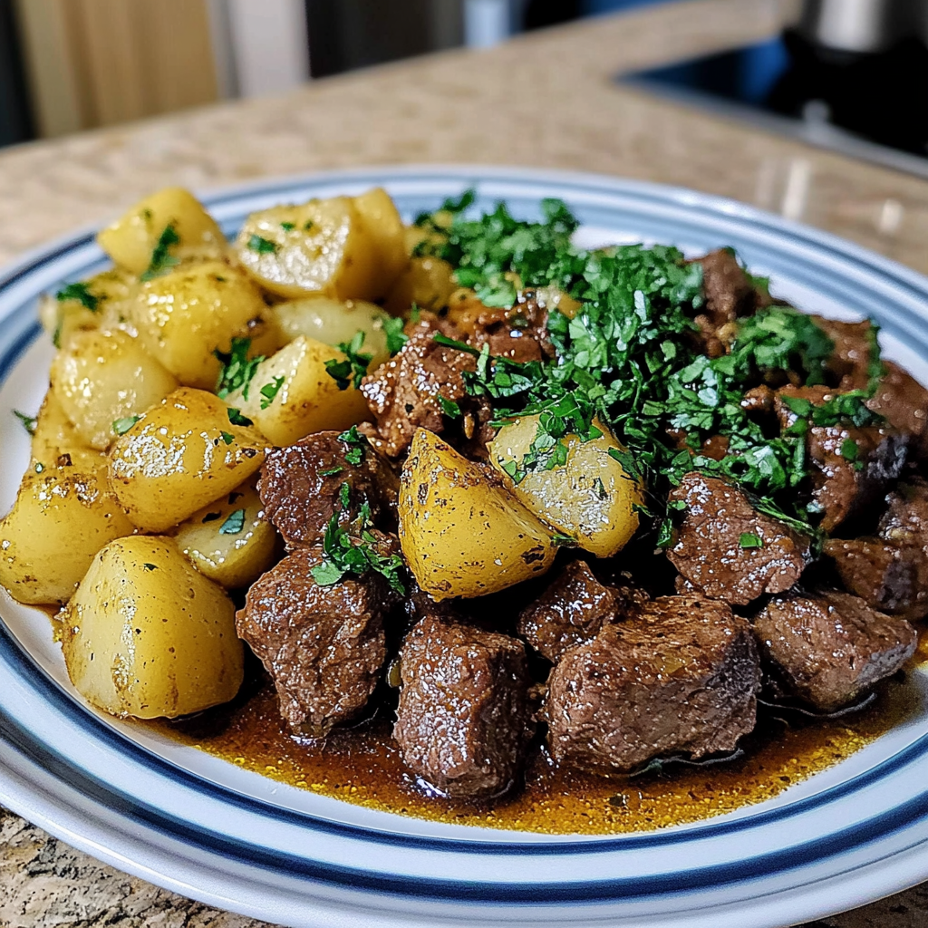 Recipe preparation for Slow Cooker Garlic Butter Steak Bites & Potatoes