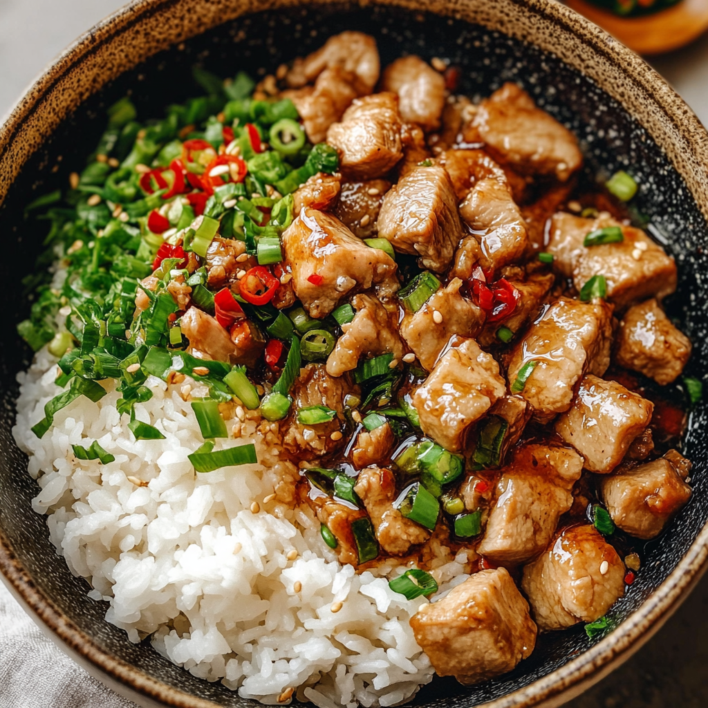 Recipe preparation for Honey Garlic Pork Rice Bowl