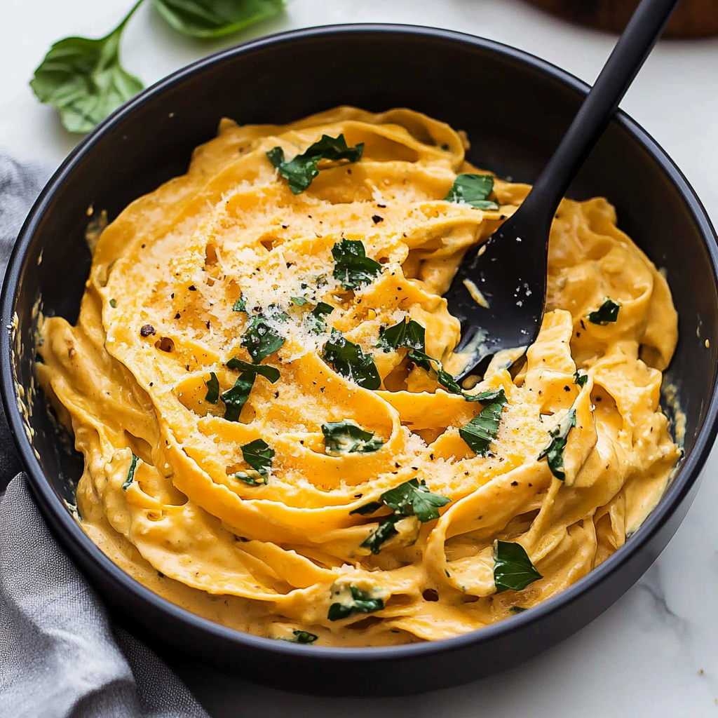 Recipe preparation for Creamy Pumpkin Alfredo Pasta