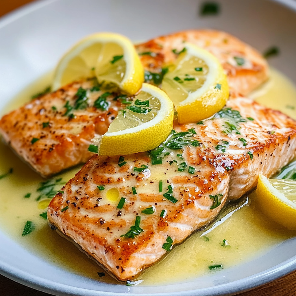 Recipe preparation for Salmon with Garlic Lemon Butter Sauce