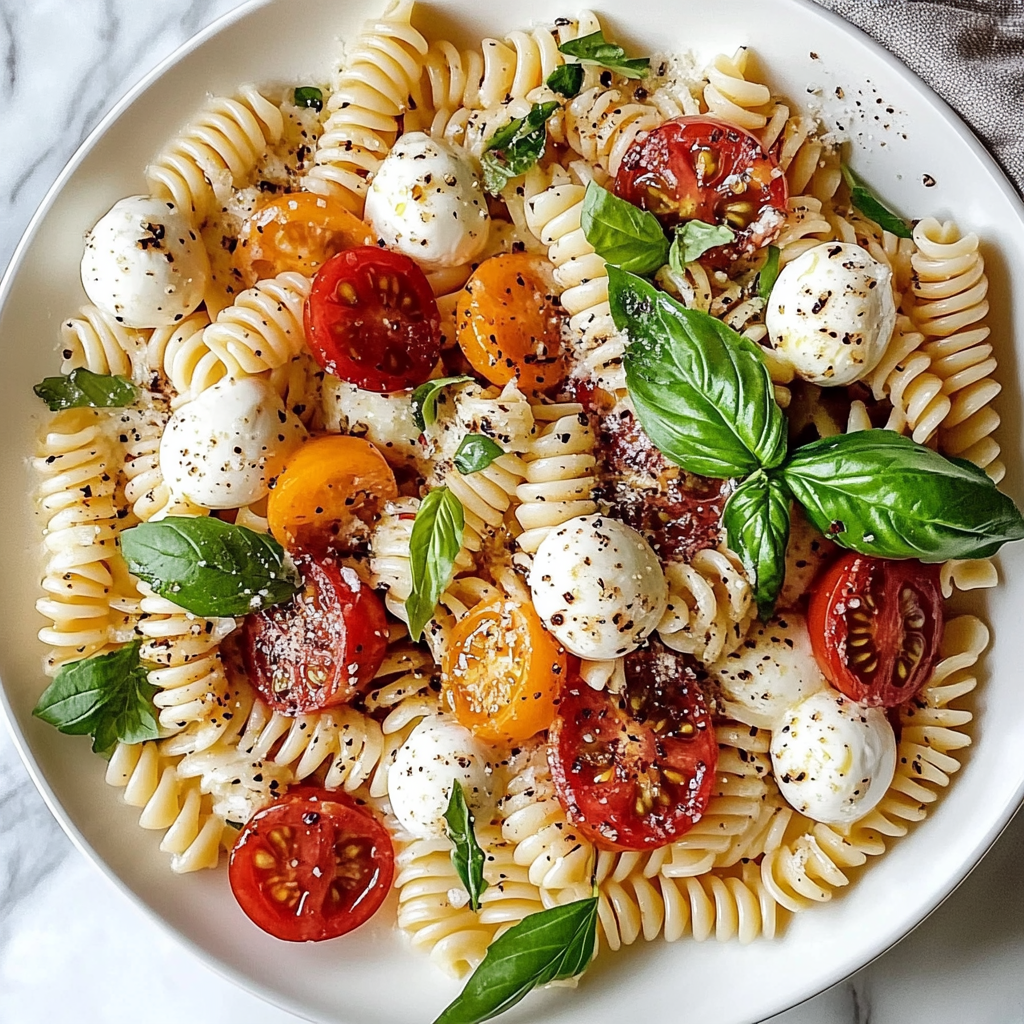 Recipe preparation for Caprese Pasta Salad with Fresh Mozzarella