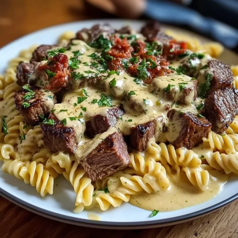 Indulgent Steak Bites in Garlic Parmesan Sauce over Rotini