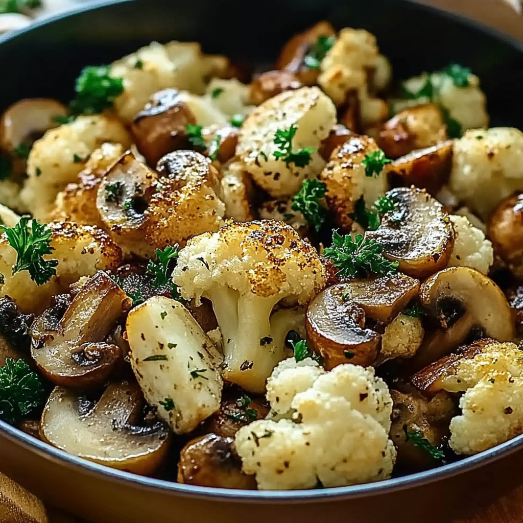 Recipe preparation for Garlic Cauliflower Mushroom Skillet