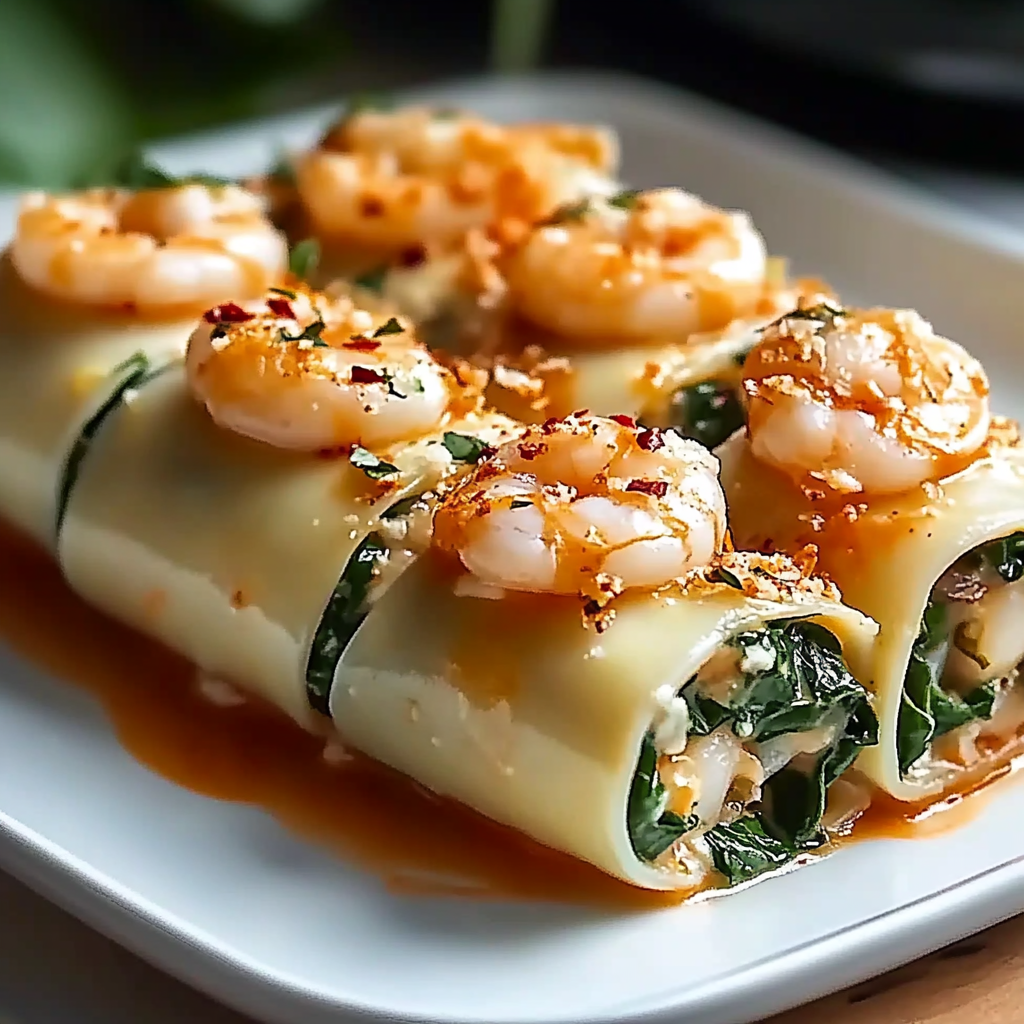 Recipe preparation for Shrimp and Spinach Stuffed Pasta Rolls with Roasted Red Pepper Cream
