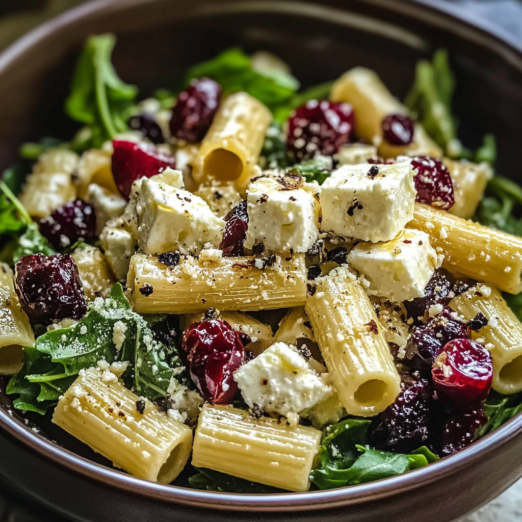 Recipe preparation for Feta & Cranberry Rigatoni Salad with Lemon Vinaigrette