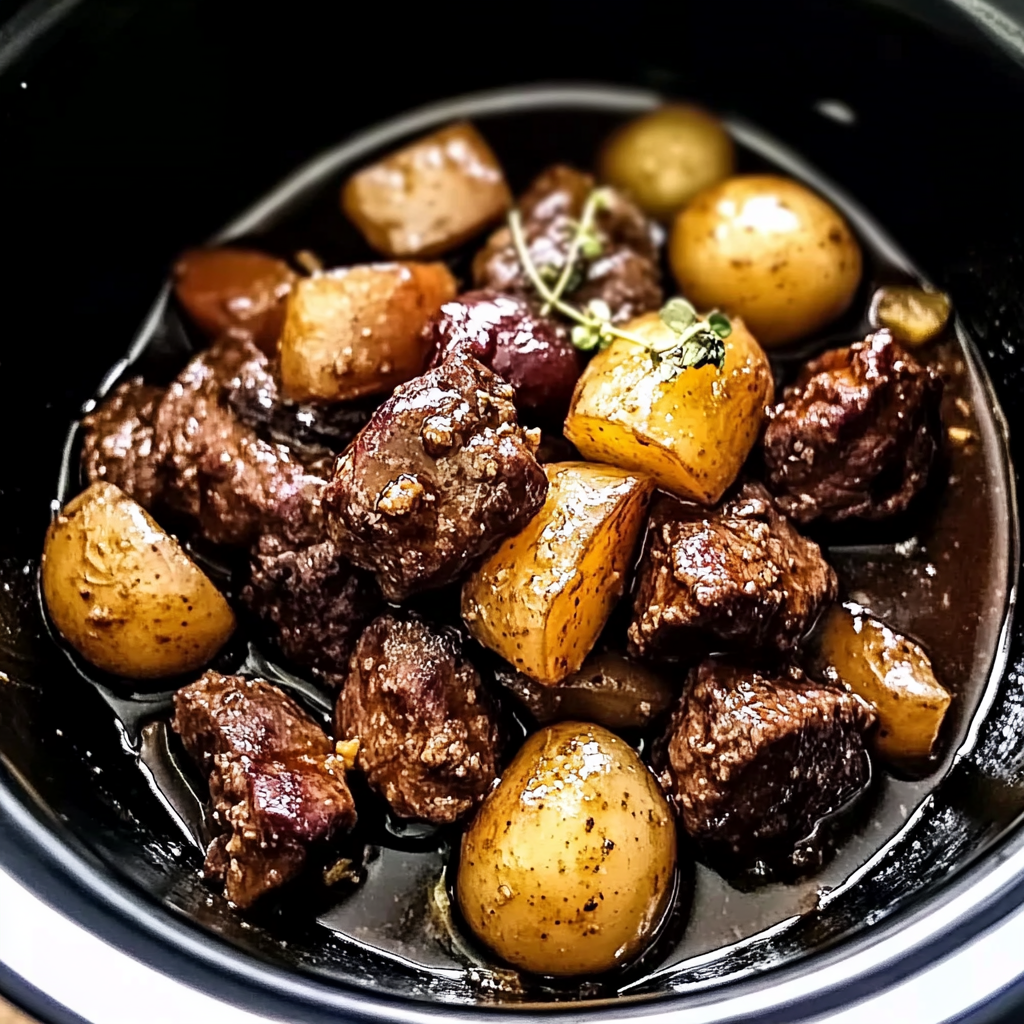 Recipe preparation for Crockpot Garlic Butter Beef Bites with Potatoes