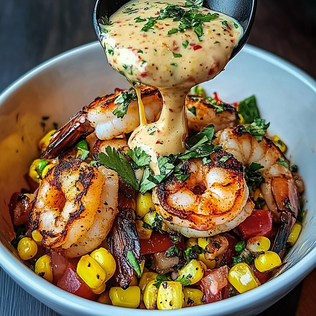 Recipe preparation for Grilled Shrimp Bowl with Avocado, Corn Salsa & Creamy Garlic Sauce