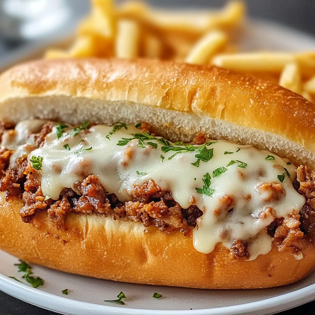 Recipe preparation for Cheesy Hot Beef Sandwich