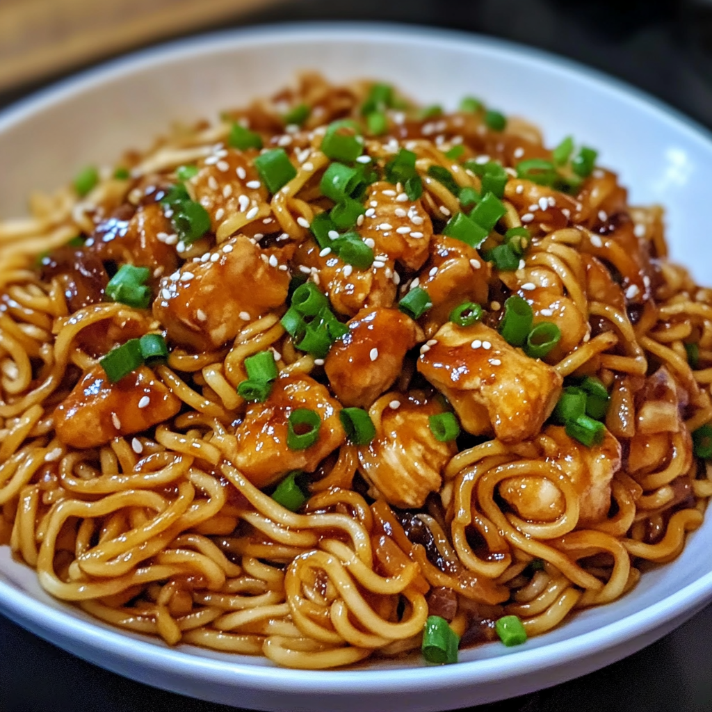 Recipe preparation for Sticky Garlic Chicken Noodles