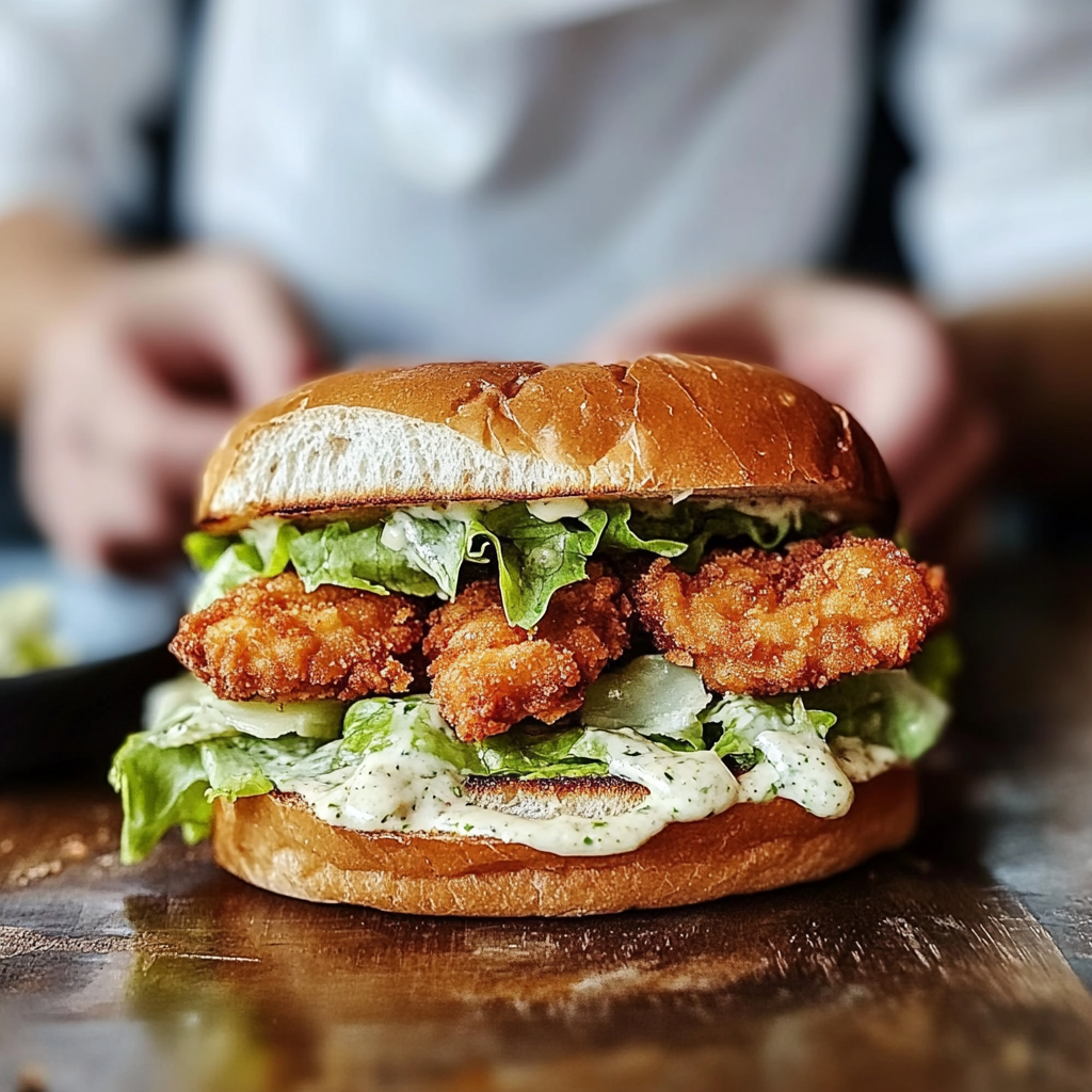 Recipe preparation for Crispy Chicken Caesar Sandwich
