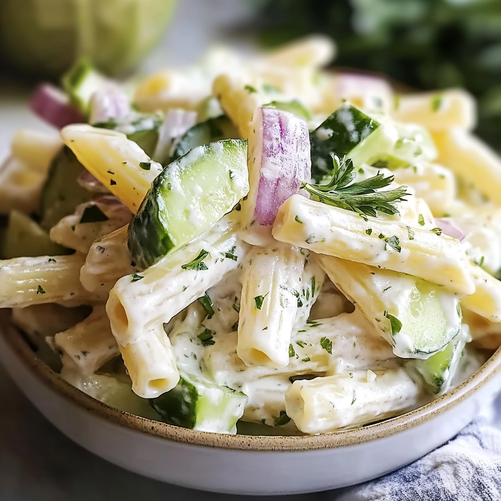 Recipe preparation for Creamy Cucumber Pasta Salad