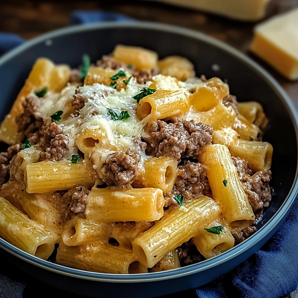 Recipe preparation for Creamy Parmesan Beef with Rigatoni Pasta