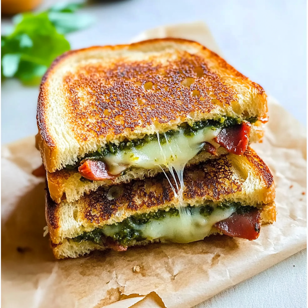 Recipe preparation for Sourdough Pesto Grilled Cheese