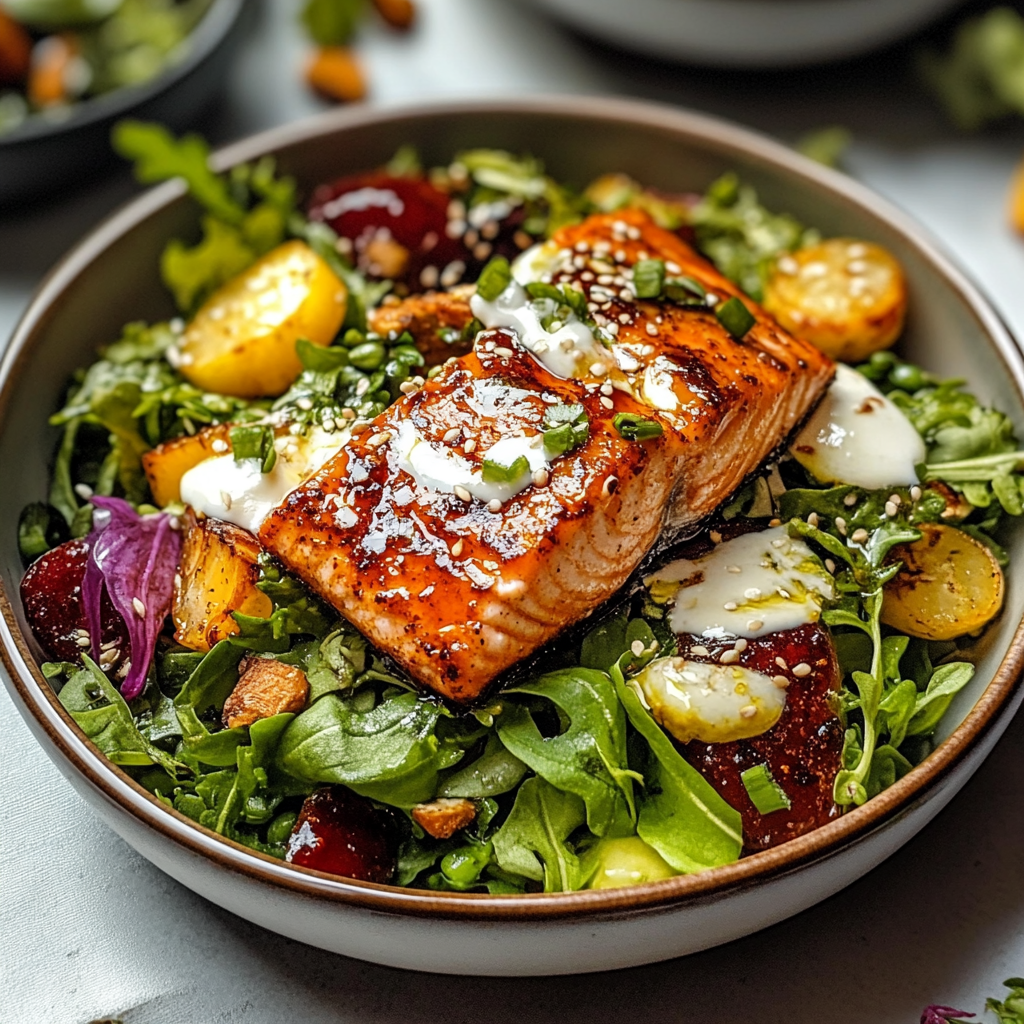 Recipe preparation for Spicy Honey-Glazed Salmon Salad