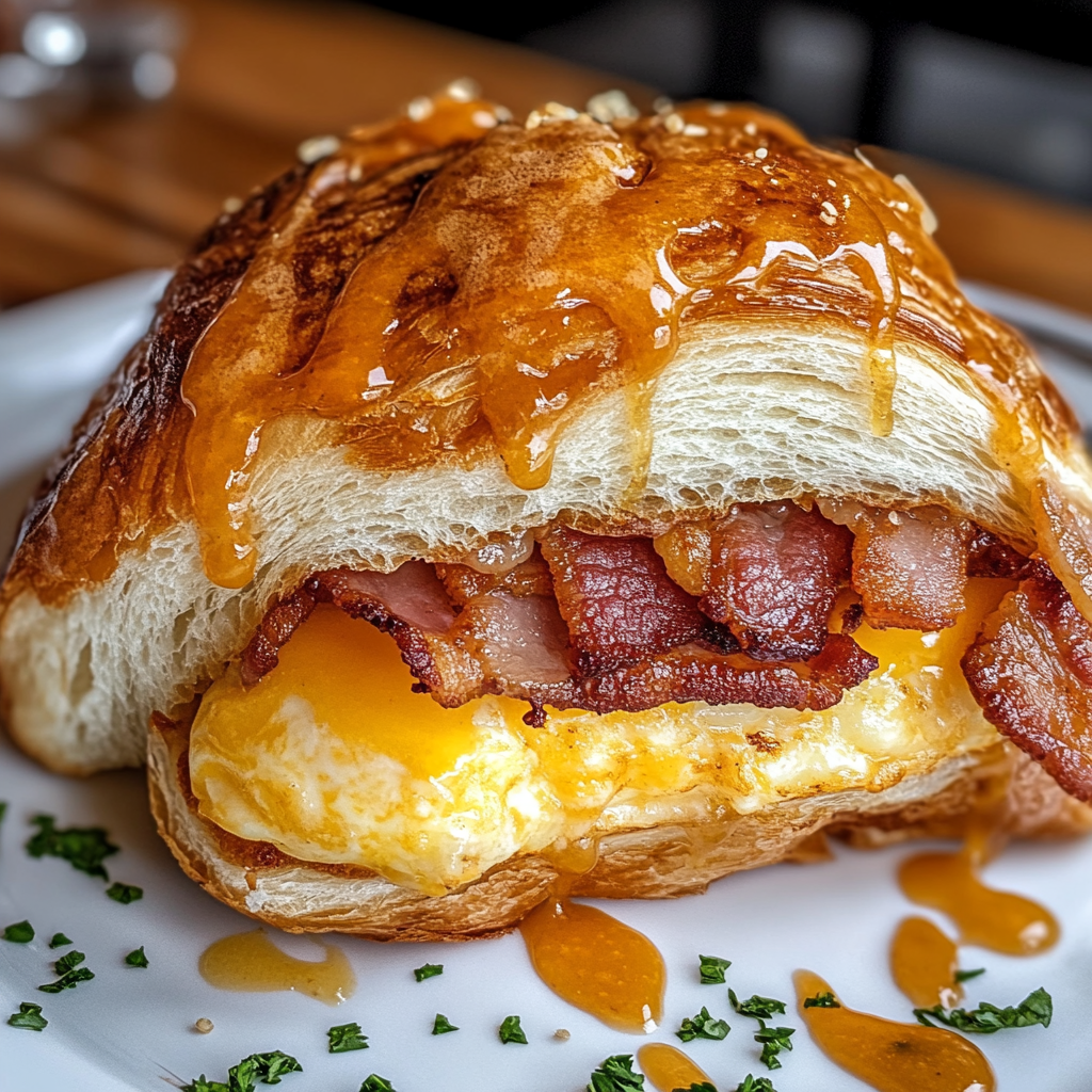 Recipe preparation for Honey Butter Bacon & Egg Croissant Sandwich – The Ultimate Morning Indulgence