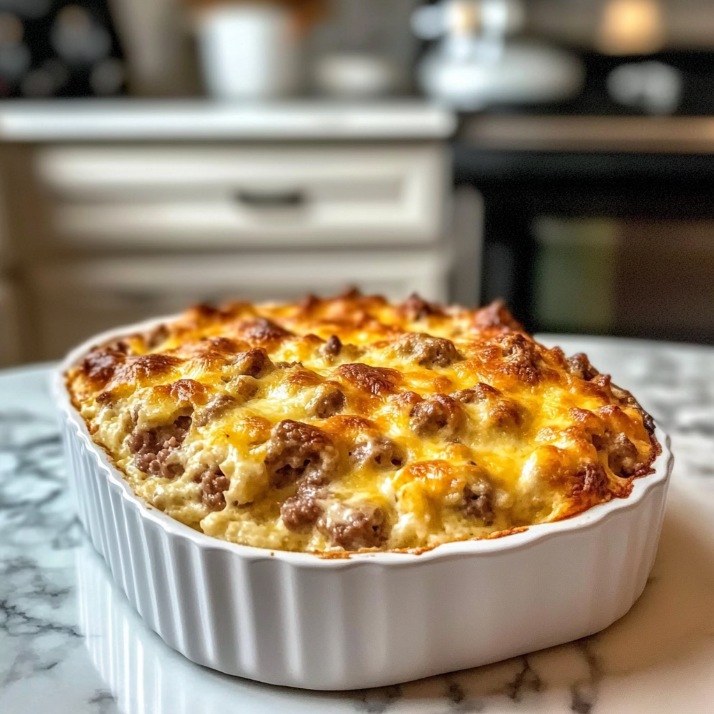 Recipe preparation for Savory Breakfast Sausage and Cheese Casserole: A Comforting Morning Delight