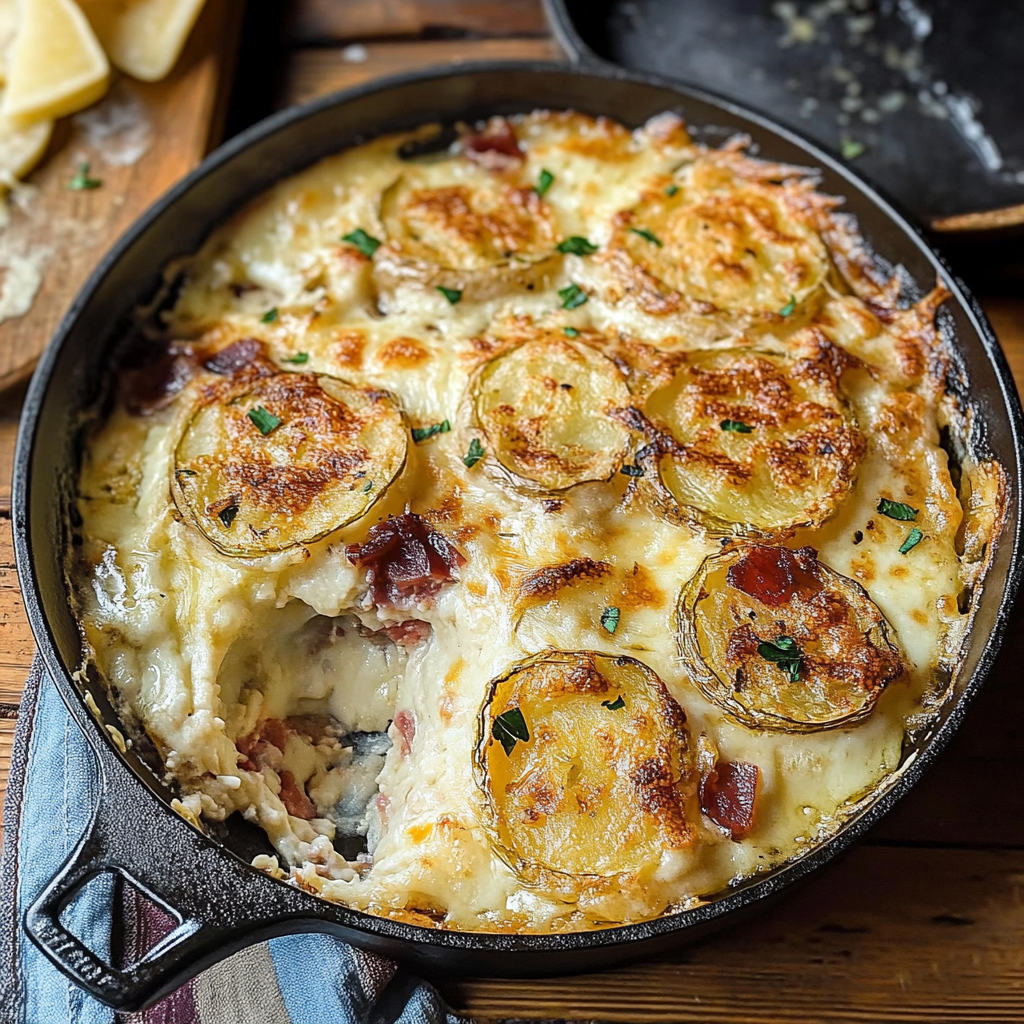 Recipe preparation for French Potato Gratin with Oozy Cheese