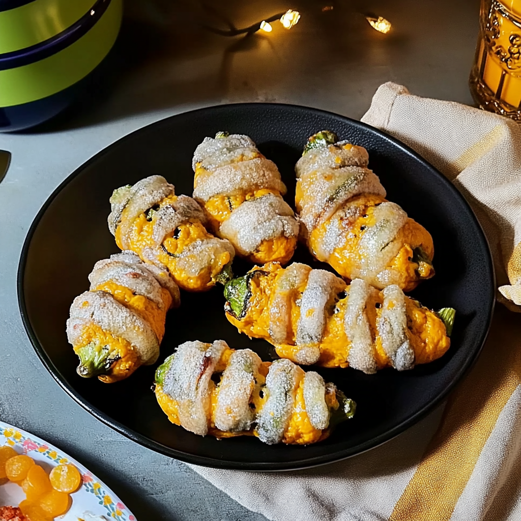 Recipe preparation for Baked Mummy Jalapeno Poppers