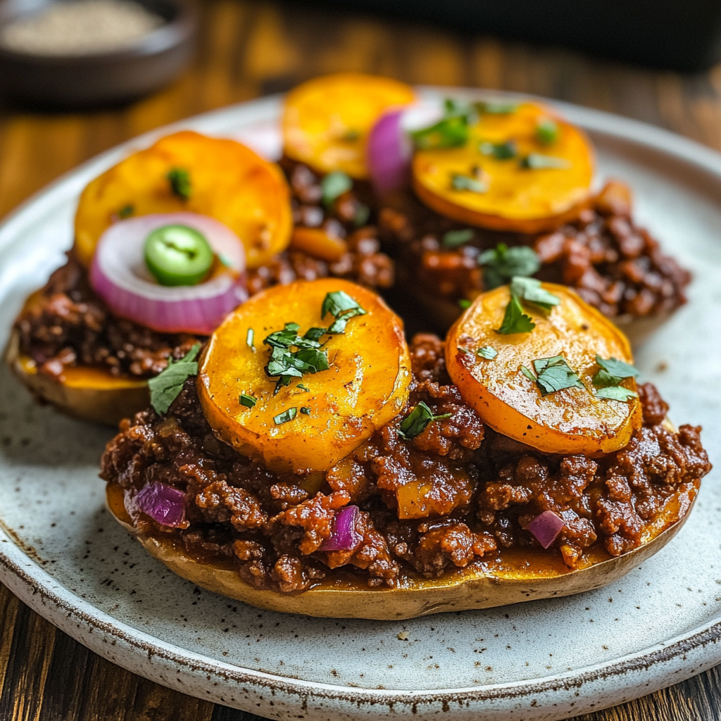 Recipe preparation for Sloppy Joes on Roasted Sweet Potatoes