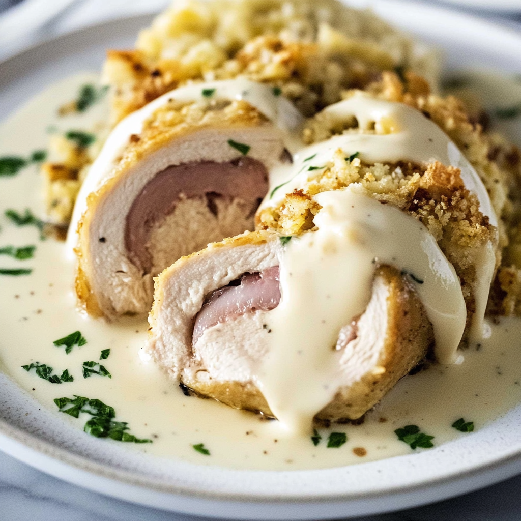 Recipe preparation for Chicken Cordon Bleu with Cream Sauce