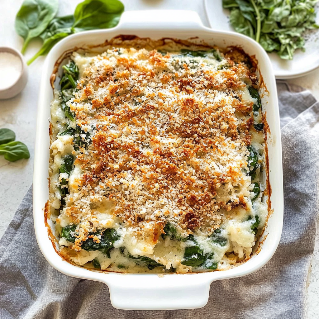 Recipe preparation for Spinach Gratin with Sausage and Rice