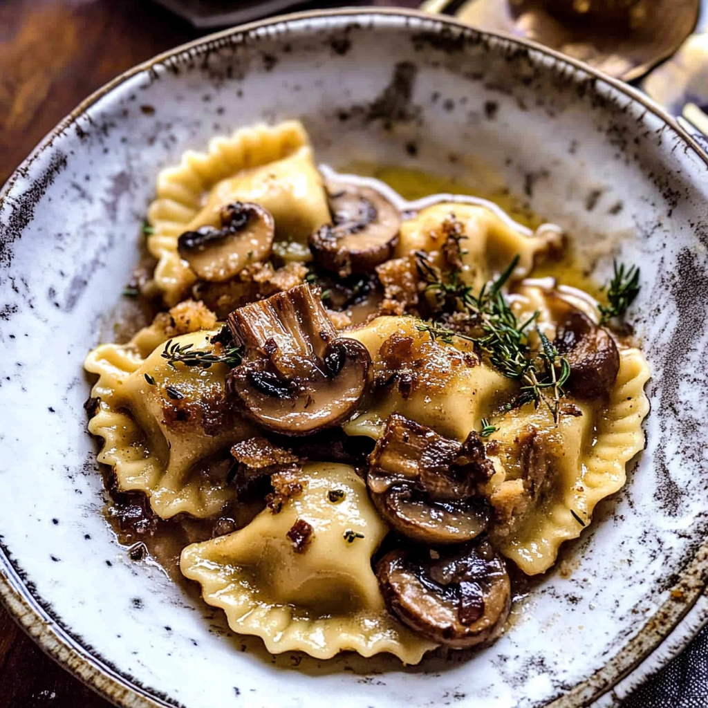 Recipe preparation for Rosemary Mushroom Ravioli Bake