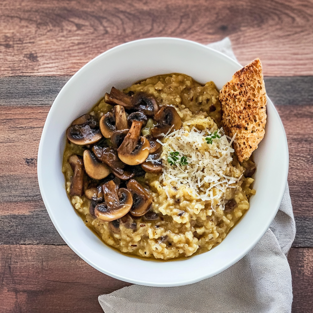 Recipe preparation for Porcini Mushroom Risotto with Parmesan Crisp