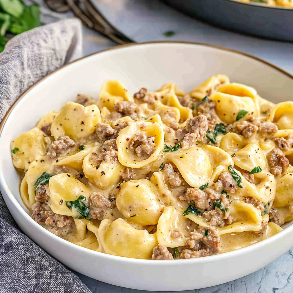 Recipe preparation for Creamy Sausage & Tortellini Skillet