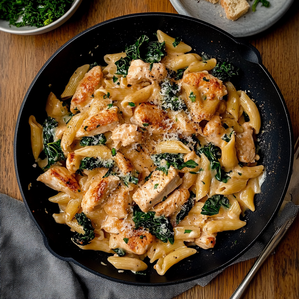 Recipe preparation for Chicken & Kale Creamy Pasta