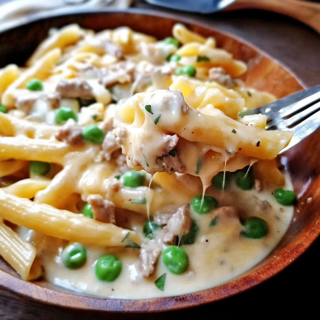 Recipe preparation for Creamy Garlic Butter Turkey Pasta with Peas