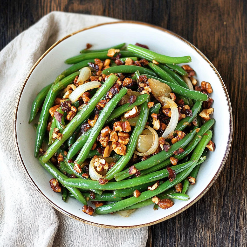 Recipe preparation for Green Beans with Brown Butter, Crispy Shallots, and Hazelnuts