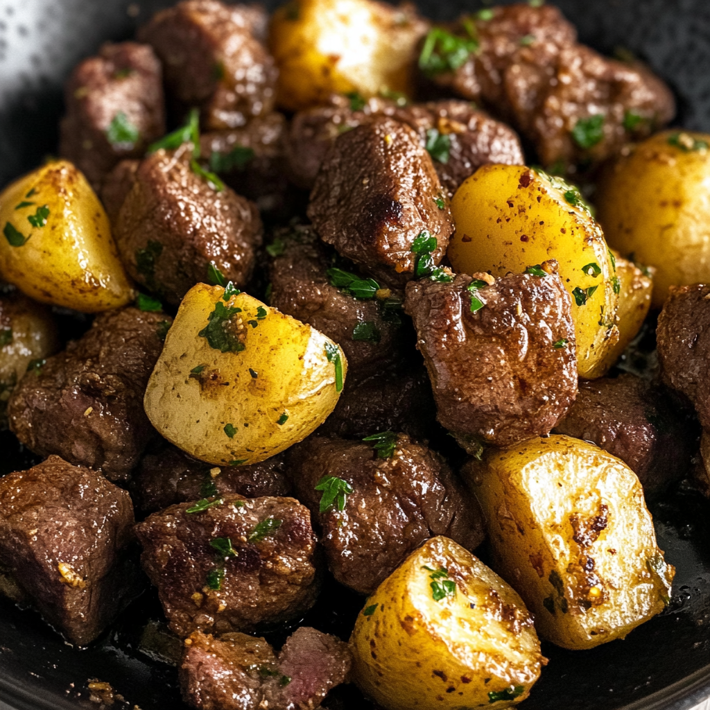 Recipe preparation for Garlic Butter Steak Bites with Roasted Potatoes