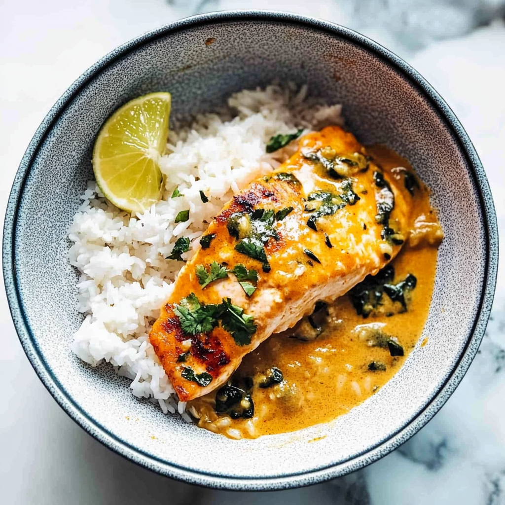 Recipe preparation for Coconut Curry Salmon with Spinach & Rice