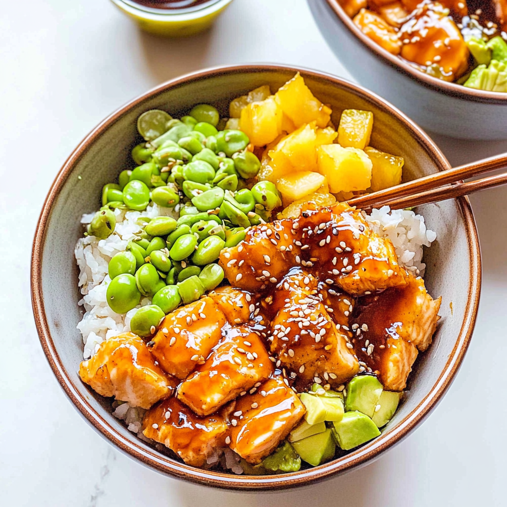Recipe preparation for Teriyaki Salmon Rice Bowls with Pineapple