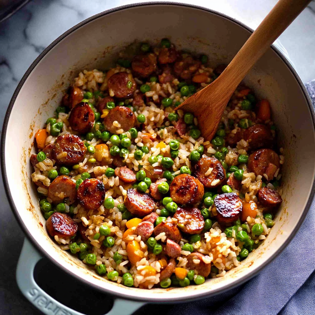 Recipe preparation for Quick Sausage & Rice One-Pan Dinner