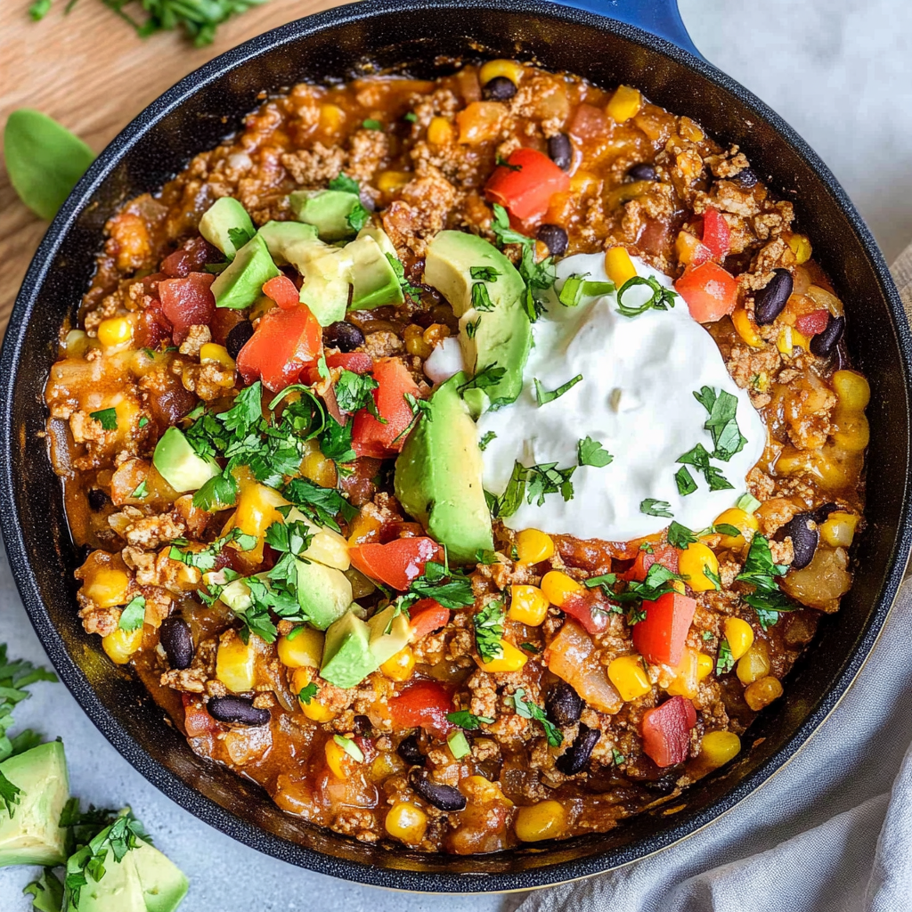 Recipe preparation for Loaded Taco Rice Skillet with Ground Chicken