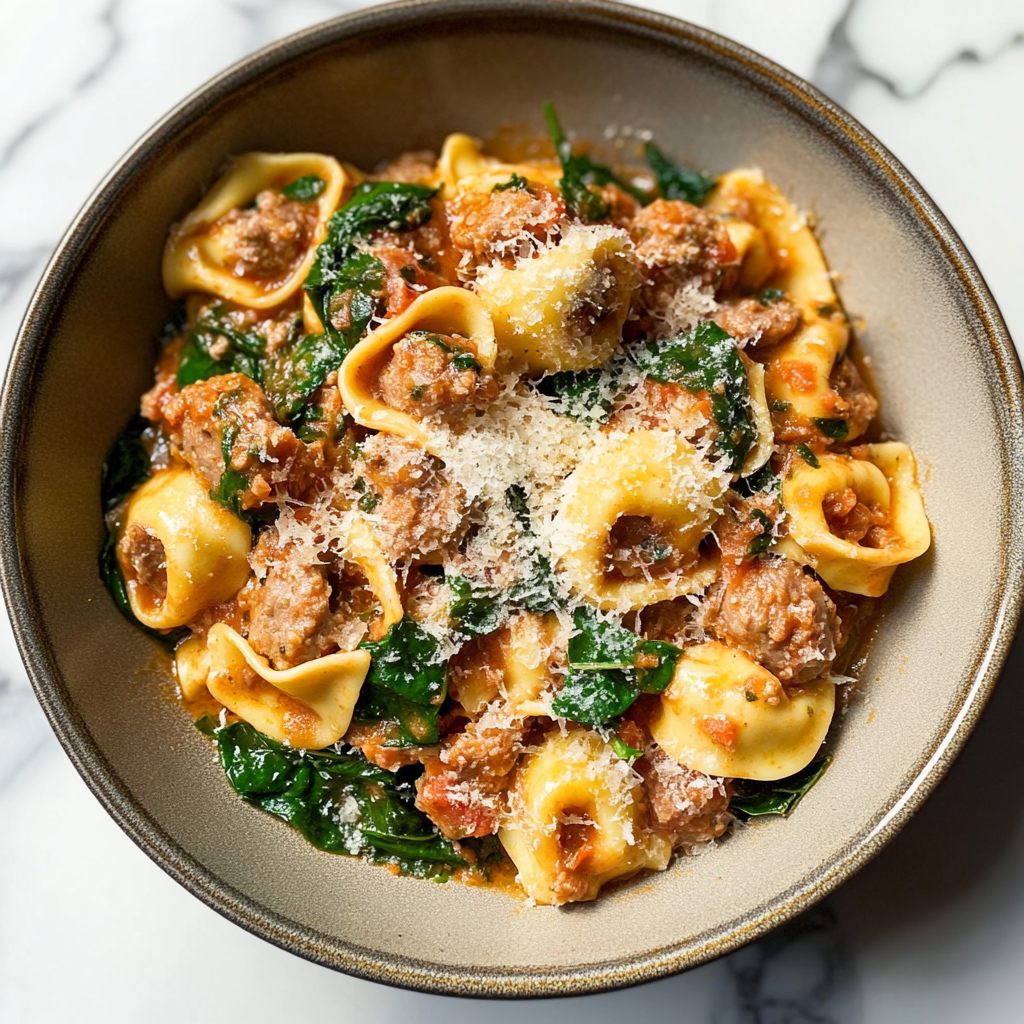 Recipe preparation for One-Pan Sausage & Spinach Tortellini