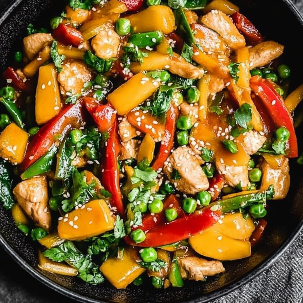 Recipe preparation for Mango Chicken Stir Fry with Sweet Chili Sauce
