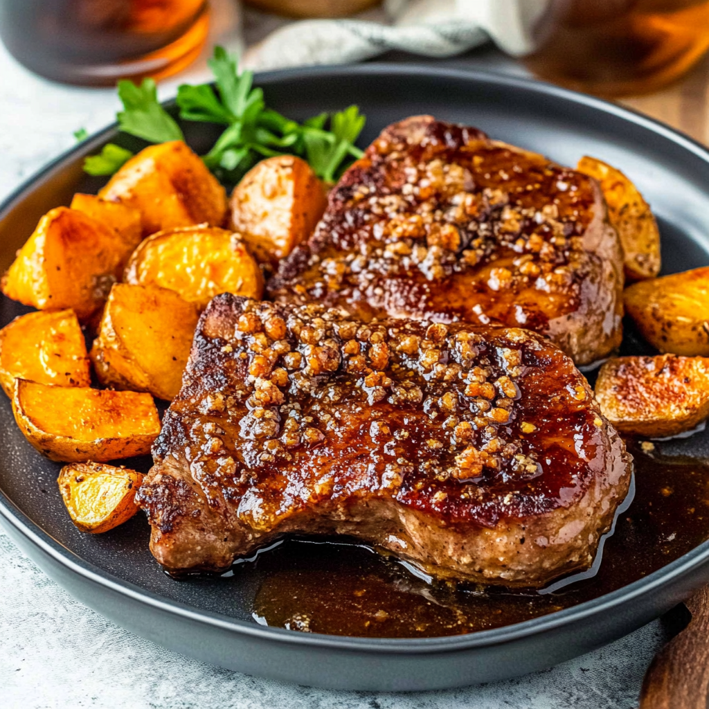 Recipe preparation for One-Pan Honey Dijon Pork Chops with Sweet Potatoes